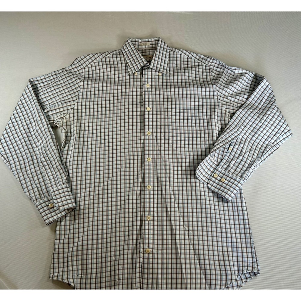 Peter Millar Mens Medium Cotton Plaid Button Down Shirt Brown Blue